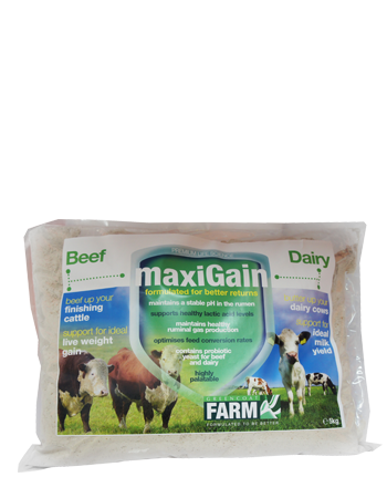 MaxiGain formulated for better returns, maintains a stable pH in the rumen, supports healthy lactic acid levels, maintains healthy ruminal gas production, optimises feed conversion rates, contains probiotic yeast for beef and dairy, highly palatable