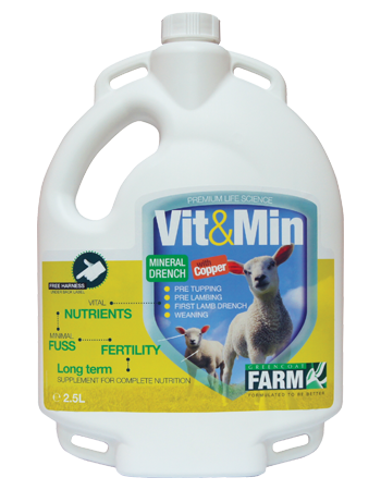 Vit & Min Lamb Mineral Drench with Copper - Highly concentrated liquid supplement containing the full spectrum of nutrients required to maintain sheep and lambs in peak condition all year round