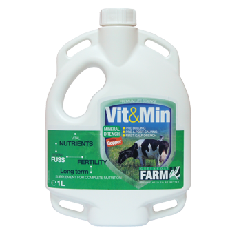 Vit & Min Cattle Mineral Drench with Copper - Highly concentrated liquid supplement containing the full spectrum of
nutrients required to maintain cattle in peak condition all year round