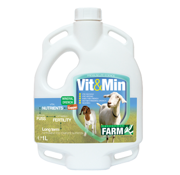 Vit & Min Goat Mineral Drench with Copper - Highly concentrated liquid supplement containing the full spectrum of
nutrients required to maintain cattle in peak condition all year round