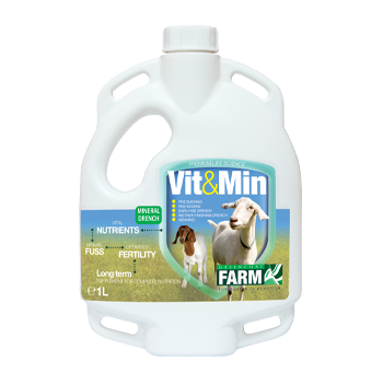 Vit & Min Goat Mineral Drench - Highly concentrated liquid supplement containing the full spectrum of
nutrients required to maintain goats in peak condition all year round