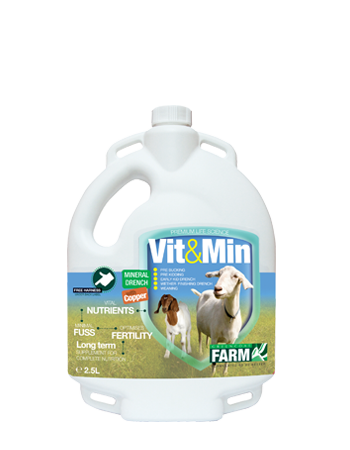 Vit & Min Goat Mineral Drench with Copper - Highly concentrated liquid supplement containing the full spectrum of
nutrients required to maintain cattle in peak condition all year round