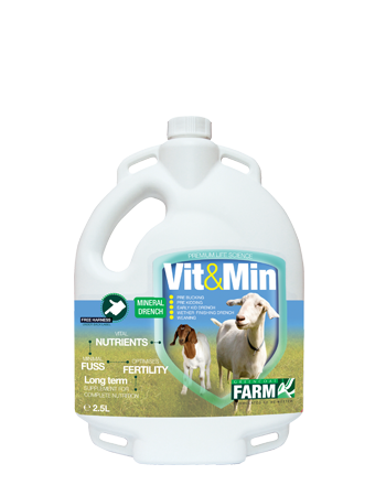 Vit & Min Goat Mineral Drench - Highly concentrated liquid supplement containing the full spectrum of
nutrients required to maintain goats in peak condition all year round